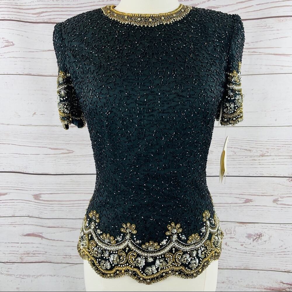 Lawrence Kazar beaded formal top black gold beads